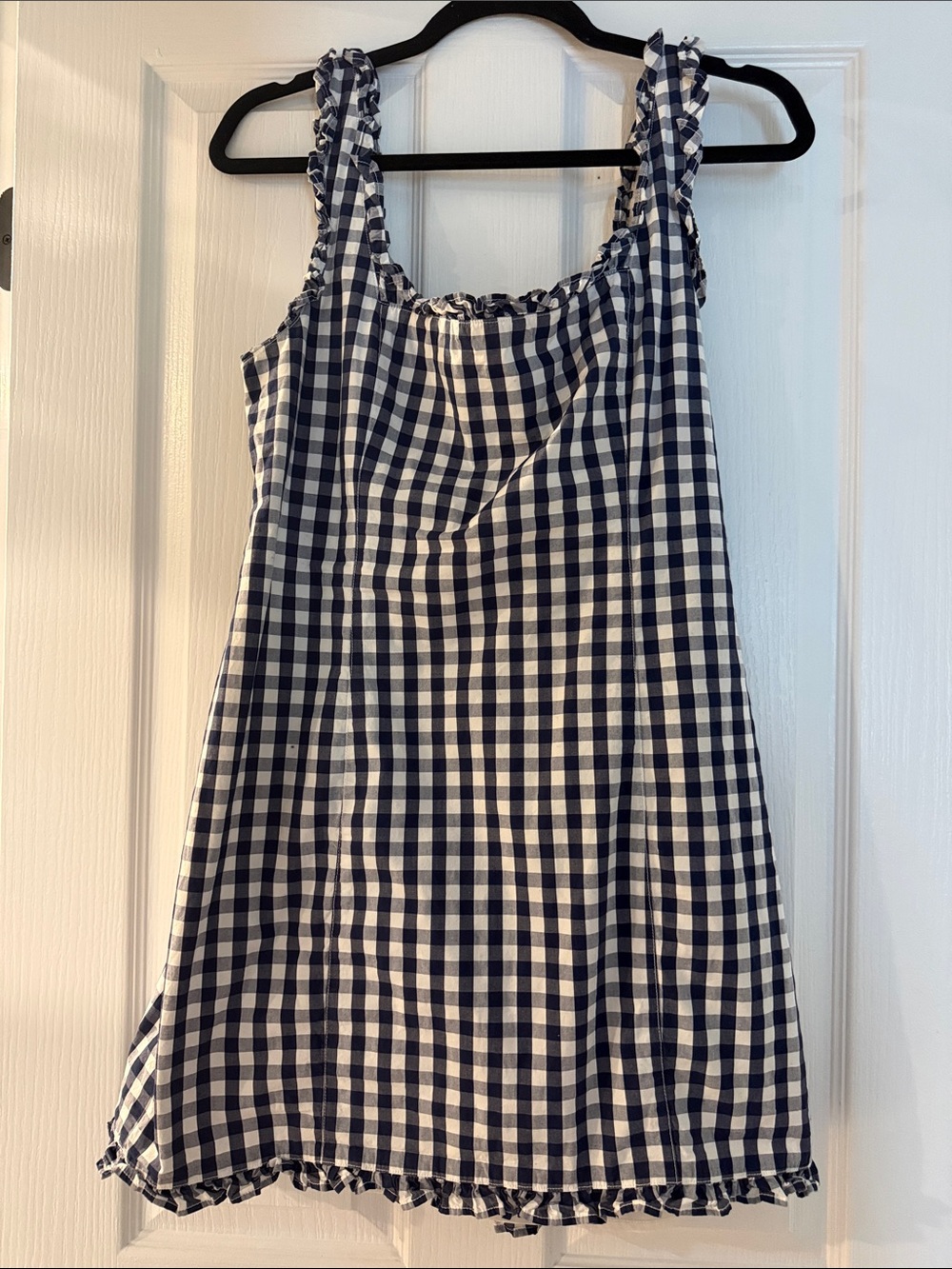 J. Crew Navy and White Gingham Ruffle Strap Dress